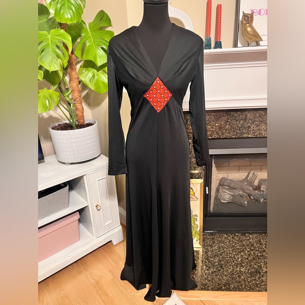 1970s Vintage Long Sleeve Floor Length Black Dress with Orange Decoration